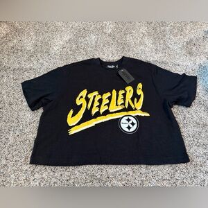 NWT Junk Food Pittsburgh Steelers Black NFL Thrill Mock Neck Crop Tee Sz Medium